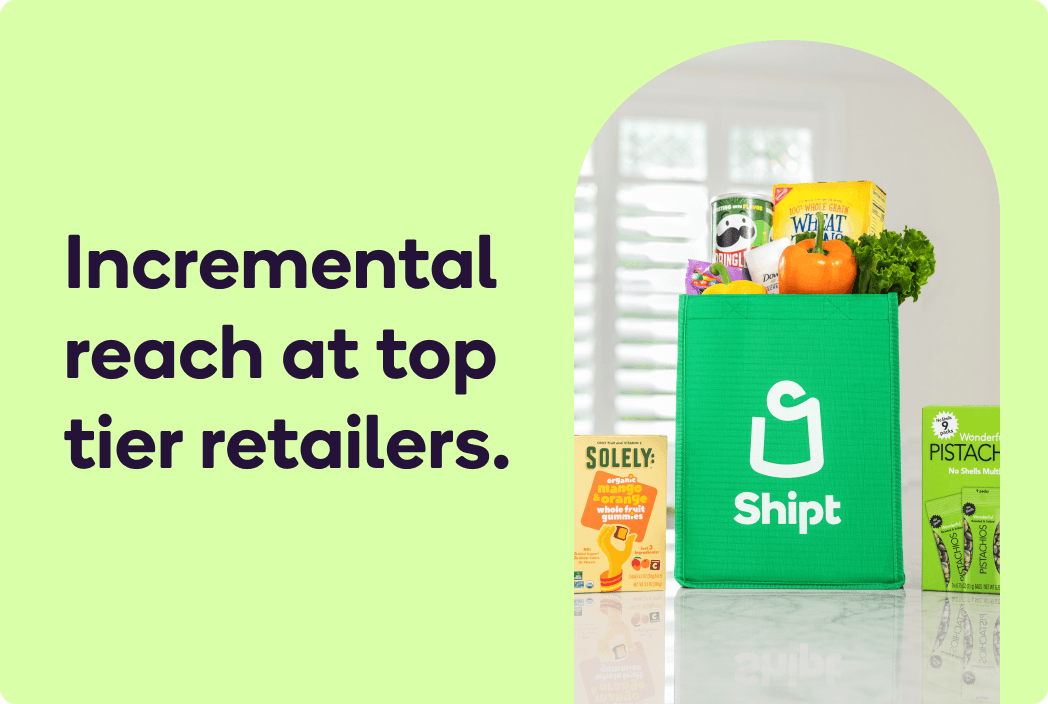 Image of Shipt Grocery bag with groceries with text Incremental reach at top tier retailers