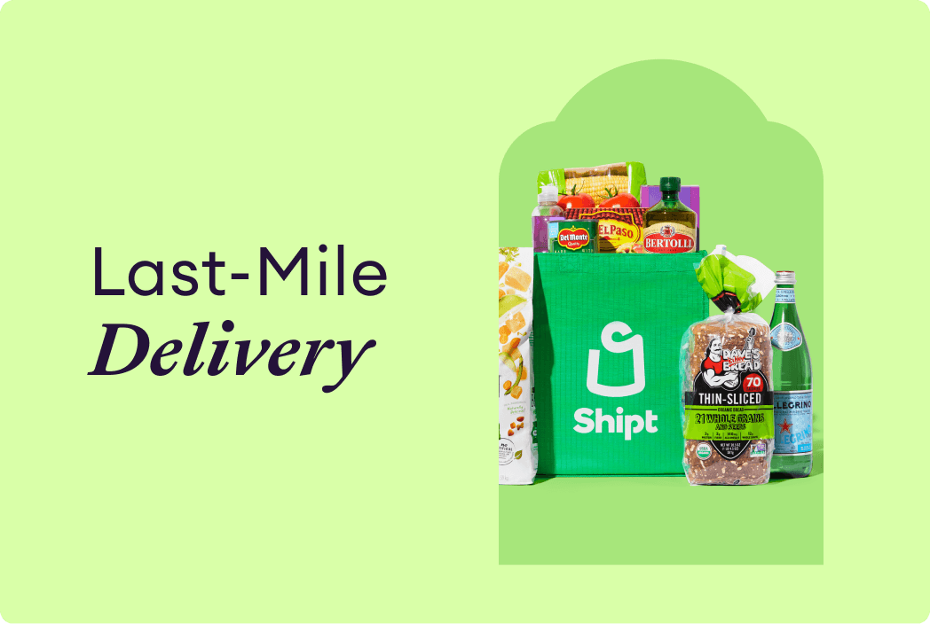 Image of a bag with grocery essentials with text overlay: Last-Mile Delivery
