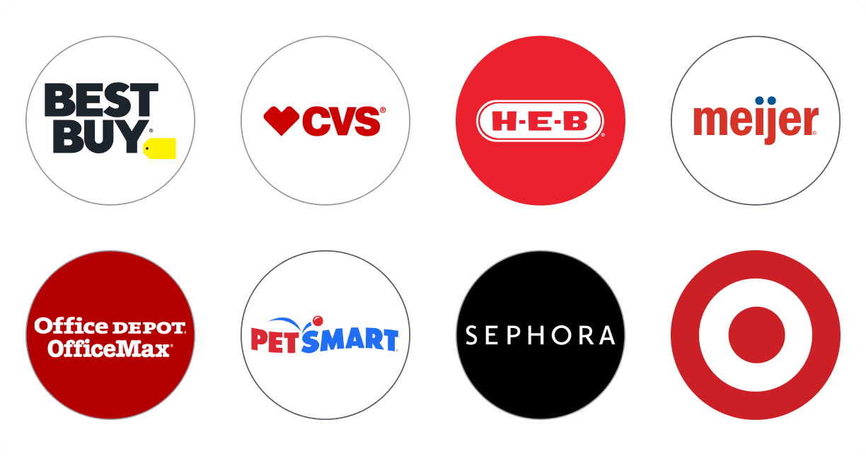 Partner Logos: Best Buy, CVS, H-E-B, Meijer, Office Depot Office Max, Pet Smart, Sephora, Target